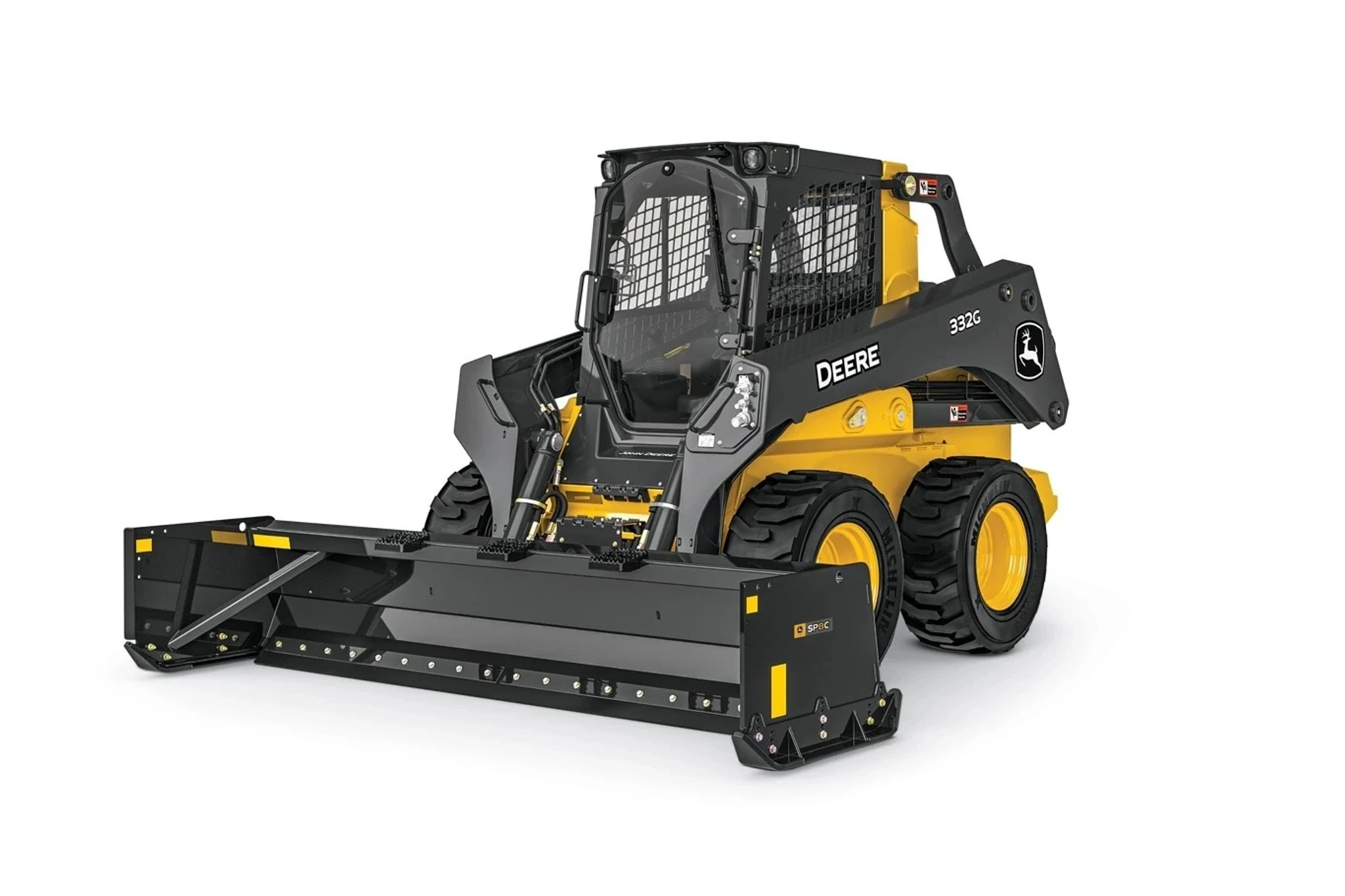 Front left studio view of a 332G Skid Steer with an SP8C Snow Pusher attachment