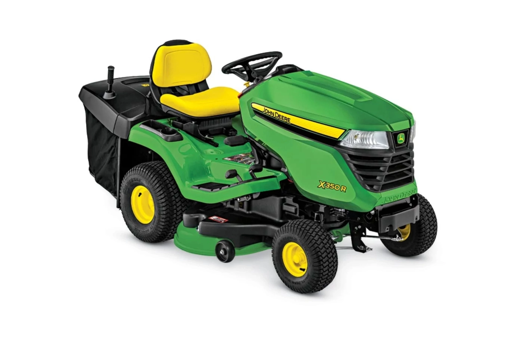 John Deere X350R riding lawn tractor with a yellow seat, steering wheel, rear collection system, and mid-mounted mower deck, shown from a front three-quarter angle on a white background