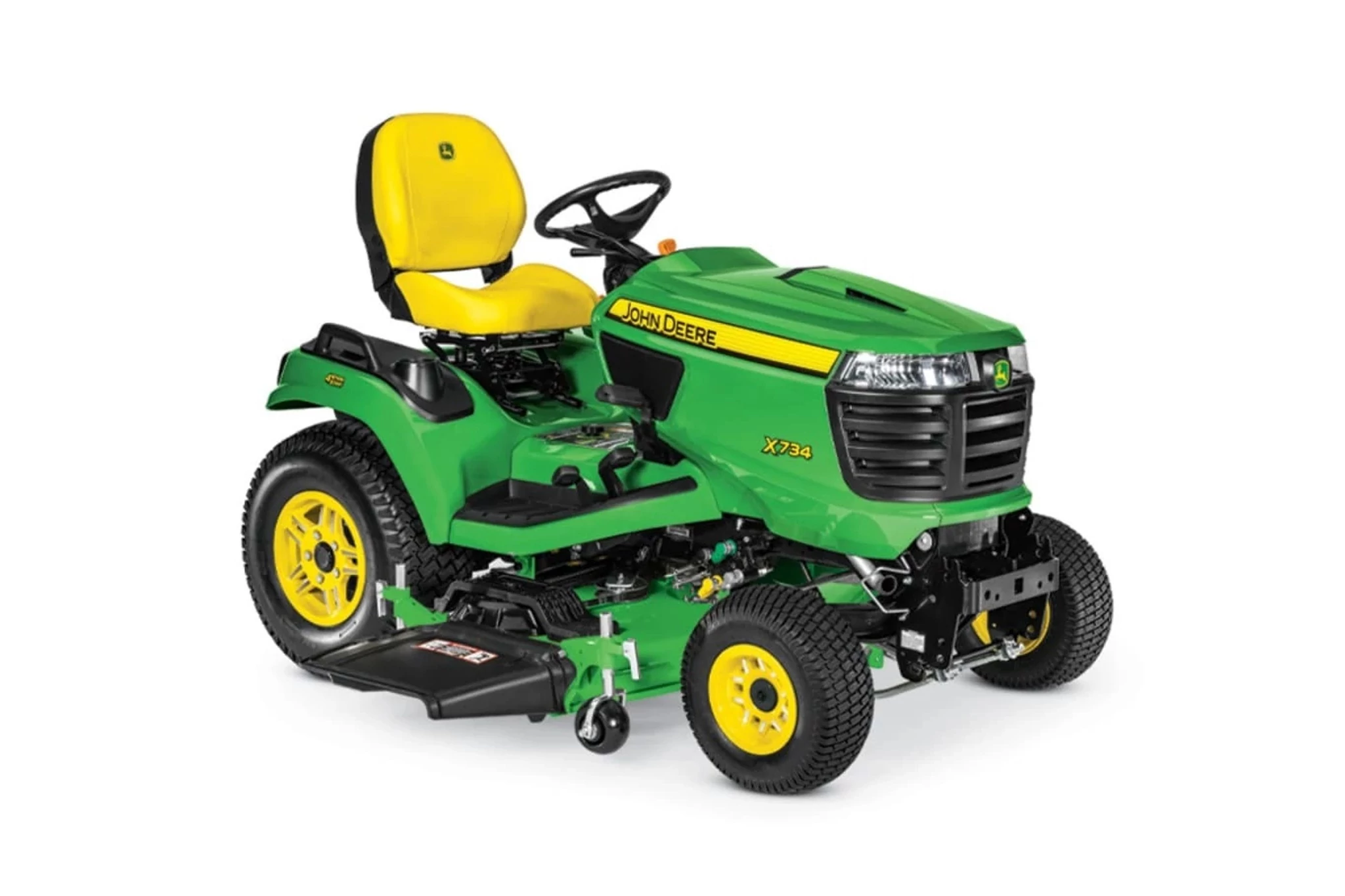 John Deere X734 garden tractor with a yellow high-back seat, steering wheel, and front-mounted mower deck, shown from a front three-quarter angle on a white background