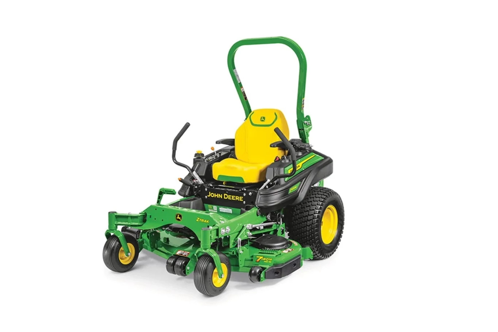 John Deere ZTrak commercial zero-turn mower with a yellow high-back seat, rollover protection bar, dual steering levers, and 7-Iron mowing deck, shown from a front three-quarter angle on a white background