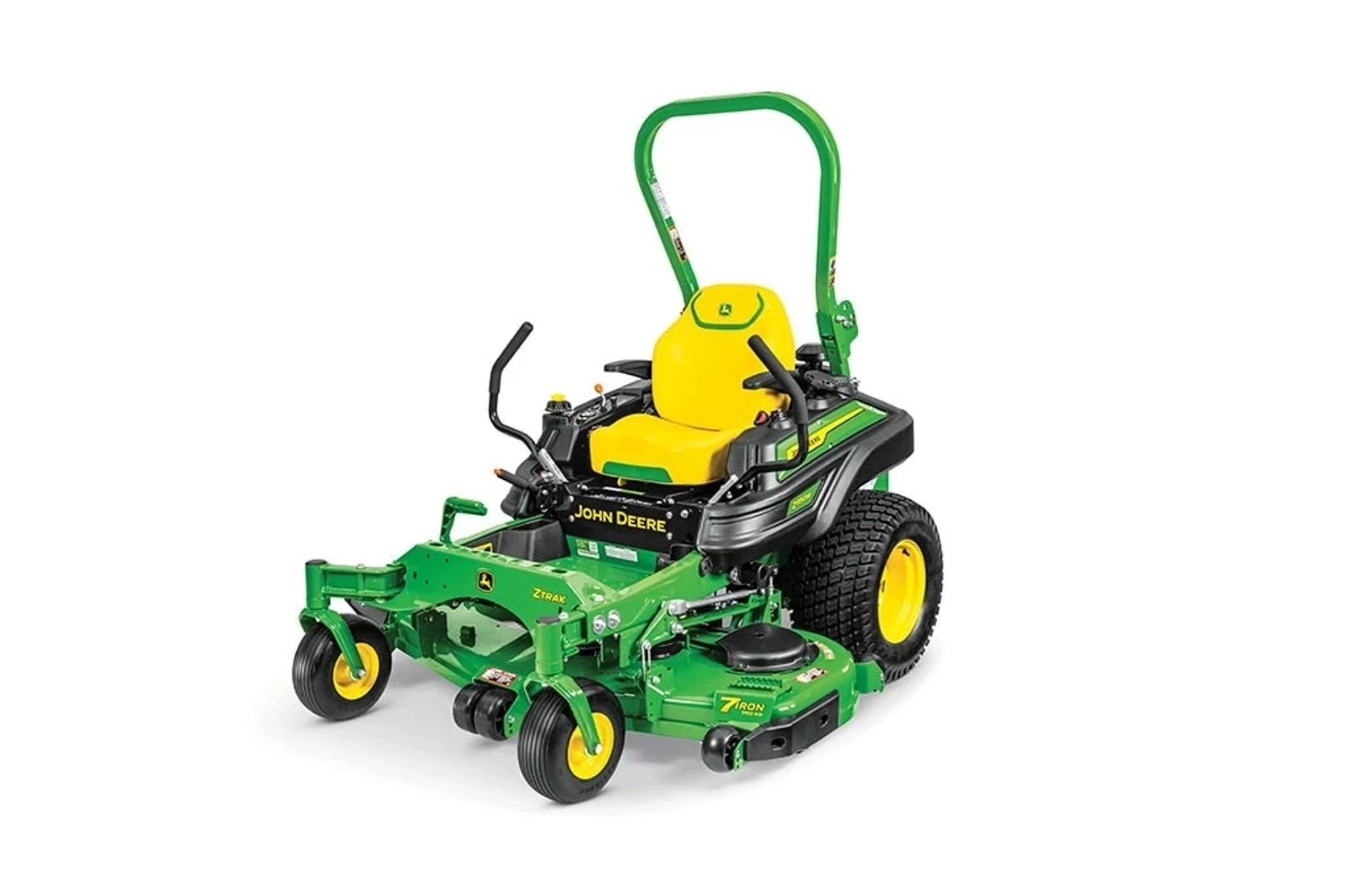 John Deere ZTrak commercial zero-turn mower with a yellow high-back seat, rollover protection bar, dual steering levers, and 7-Iron mowing deck, shown from a front three-quarter angle on a white background