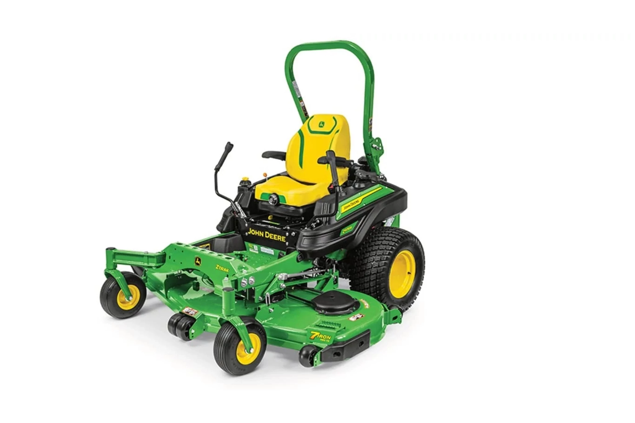 Front left-facing view of Z970R ZTrak zero‑turn commercial mower with green body, yellow seat, and heavy‑duty mower deck.